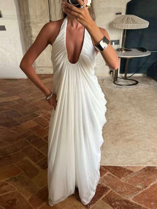 Dresses & Skirts - Stunning Sheer Mesh Overlay Halter Dress | Chic White Backless Sundress